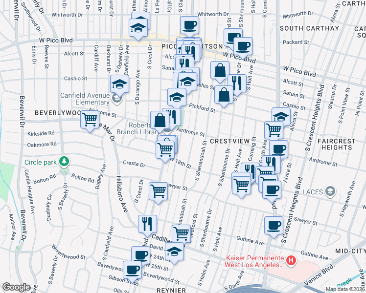 map of restaurants, bars, coffee shops, grocery stores, and more near 1762 Preuss Road in Los Angeles