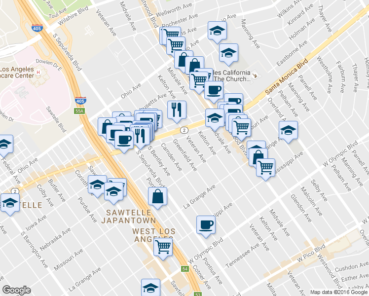 map of restaurants, bars, coffee shops, grocery stores, and more near 1857 Greenfield Avenue in Los Angeles