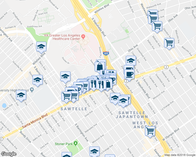 map of restaurants, bars, coffee shops, grocery stores, and more near 1527 Corinth Avenue in Los Angeles