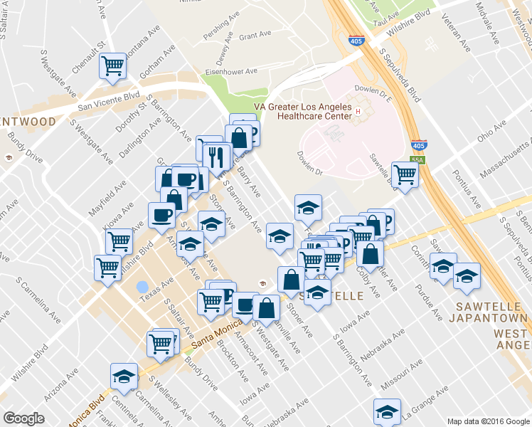 map of restaurants, bars, coffee shops, grocery stores, and more near 1323 Barry Avenue in Los Angeles