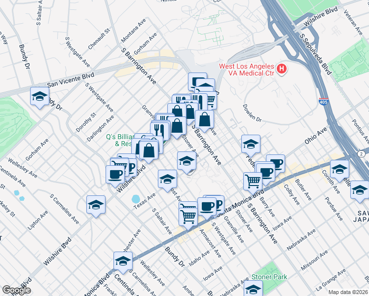 map of restaurants, bars, coffee shops, grocery stores, and more near 1252 Granville Avenue in Los Angeles