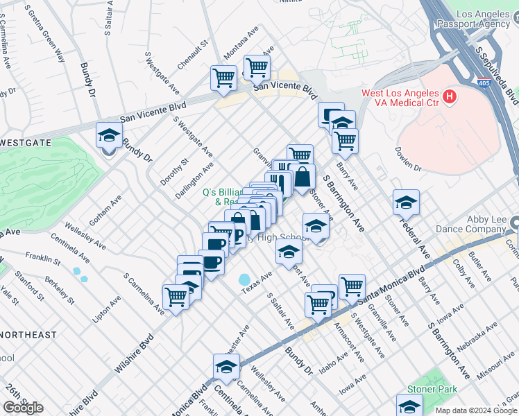 map of restaurants, bars, coffee shops, grocery stores, and more near 11925 Wilshire Boulevard in Los Angeles