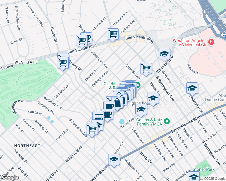 map of restaurants, bars, coffee shops, grocery stores, and more near 11964 Kiowa Avenue in Los Angeles