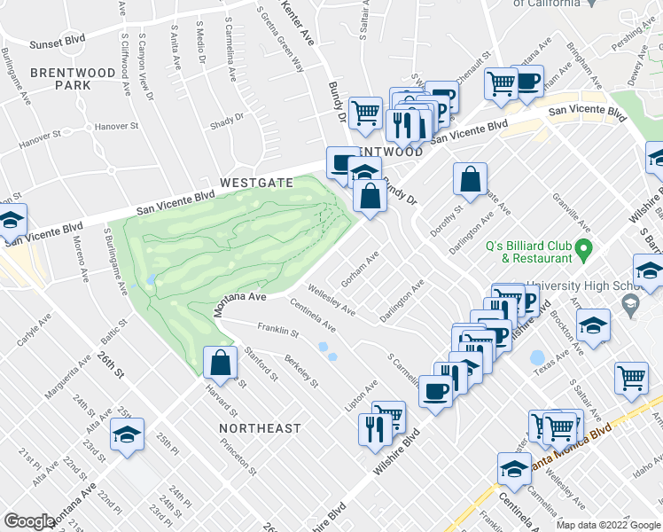 map of restaurants, bars, coffee shops, grocery stores, and more near 12340 Montana Avenue in Los Angeles