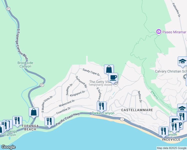 map of restaurants, bars, coffee shops, grocery stores, and more near 18044 Sandy Cape Drive in Los Angeles