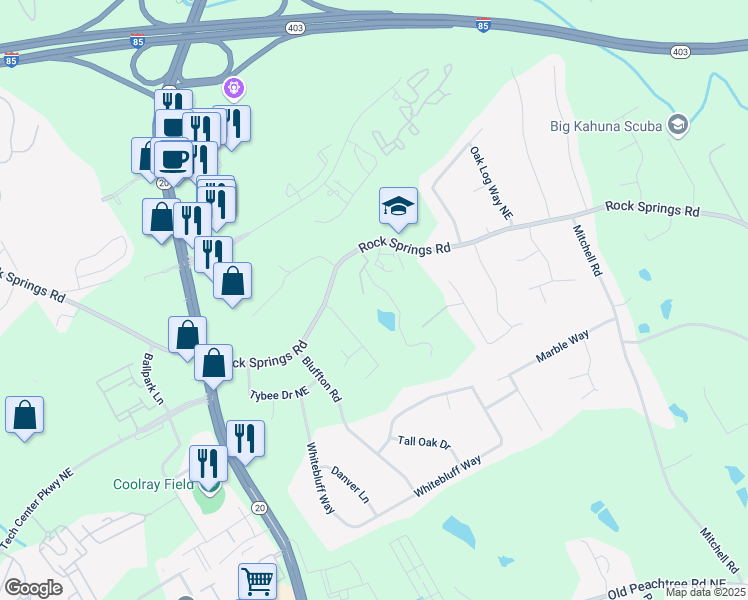 map of restaurants, bars, coffee shops, grocery stores, and more near 1405 Rock Springs Road in Buford