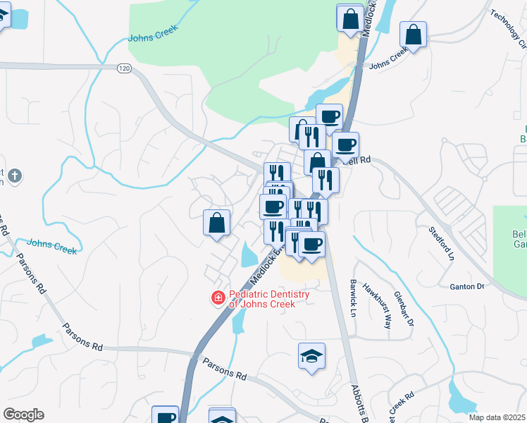 map of restaurants, bars, coffee shops, grocery stores, and more near 6153 Briggs Way in Johns Creek