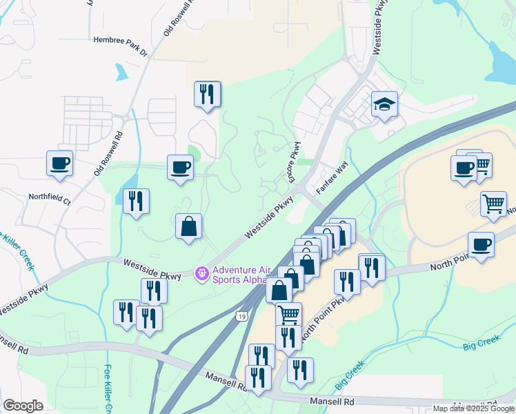 map of restaurants, bars, coffee shops, grocery stores, and more near 1050 Westside Parkway in Alpharetta