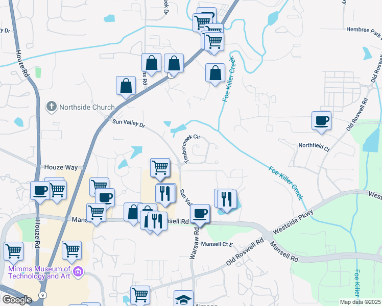 map of restaurants, bars, coffee shops, grocery stores, and more near 4804 Timbercreek Circle in Roswell
