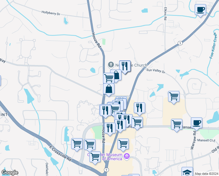 map of restaurants, bars, coffee shops, grocery stores, and more near 600 Houze Way in Roswell