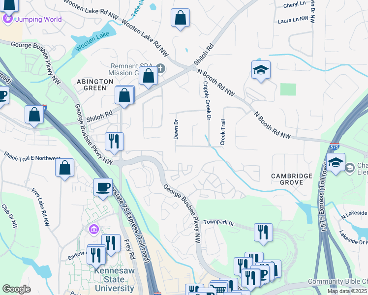 map of restaurants, bars, coffee shops, grocery stores, and more near 861 Creek Trail Northwest in Kennesaw