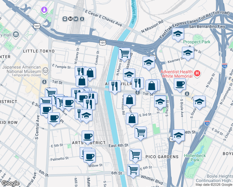map of restaurants, bars, coffee shops, grocery stores, and more near 100 South Myers Street in Los Angeles