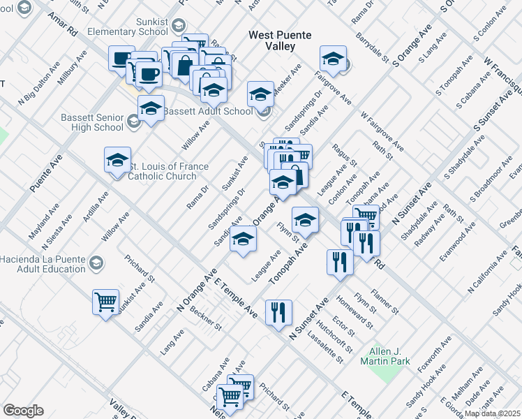 map of restaurants, bars, coffee shops, grocery stores, and more near 823 North Orange Avenue in La Puente