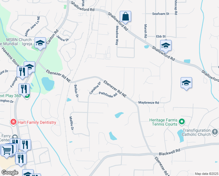 map of restaurants, bars, coffee shops, grocery stores, and more near 3945 Ebenezer Road in Marietta