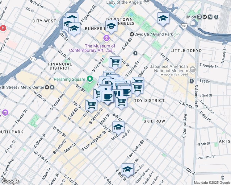 map of restaurants, bars, coffee shops, grocery stores, and more near 460 South Spring Street in Los Angeles