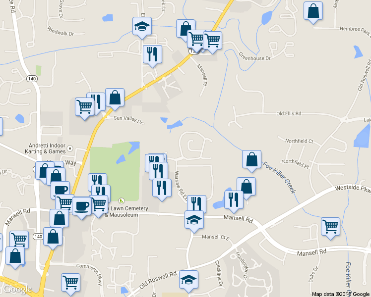map of restaurants, bars, coffee shops, grocery stores, and more near 5303 Falling Water Terrace in Roswell