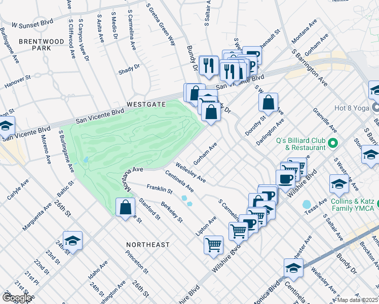 map of restaurants, bars, coffee shops, grocery stores, and more near 12320 Montana Avenue in Los Angeles