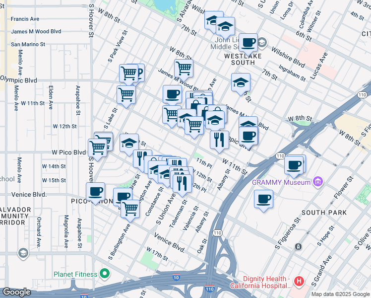 map of restaurants, bars, coffee shops, grocery stores, and more near 1623 11th Place in Los Angeles