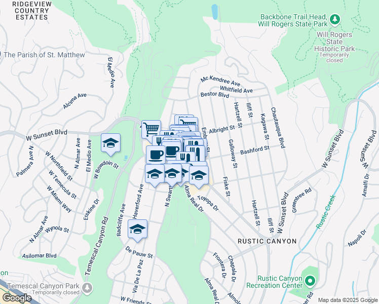 map of restaurants, bars, coffee shops, grocery stores, and more near 15225 Palisades Village Lane in Los Angeles