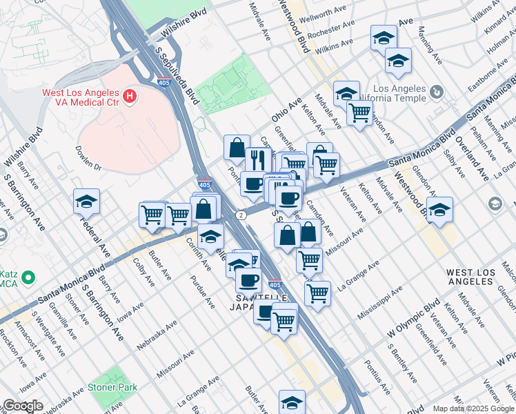 map of restaurants, bars, coffee shops, grocery stores, and more near Pontius Ave & Santa Monica Blvd in Los Angeles