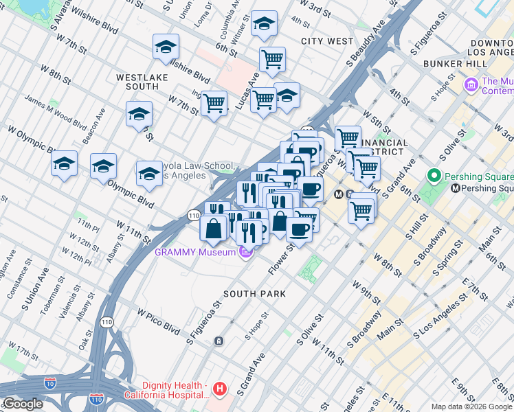 map of restaurants, bars, coffee shops, grocery stores, and more near 877 S Francisco Street in Los Angeles