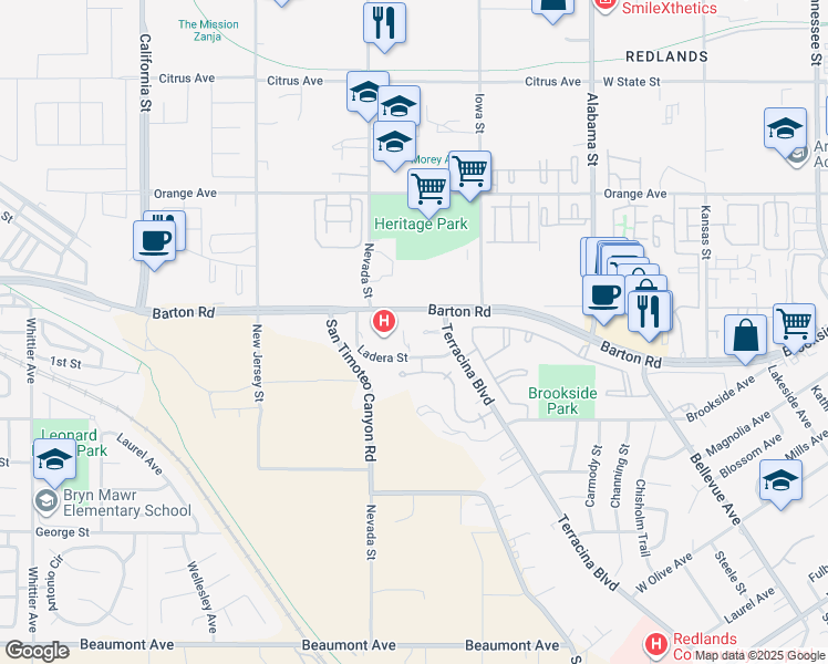 map of restaurants, bars, coffee shops, grocery stores, and more near 10 Terracina Boulevard in Redlands