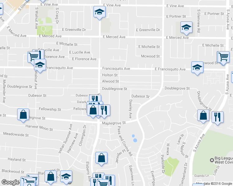 map of restaurants, bars, coffee shops, grocery stores, and more near 1623 Pass and Covina Road in La Puente