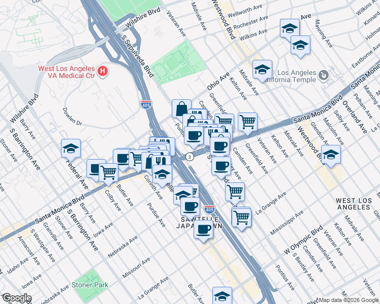 map of restaurants, bars, coffee shops, grocery stores, and more near 11185 California 2 in Los Angeles