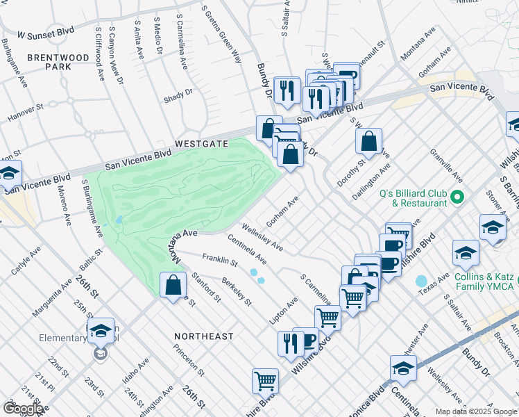 map of restaurants, bars, coffee shops, grocery stores, and more near 12320 Montana Avenue in Los Angeles