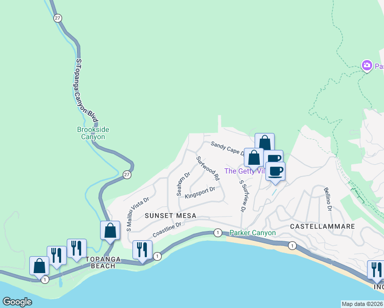 map of restaurants, bars, coffee shops, grocery stores, and more near 3609 Seahorn Drive in Malibu