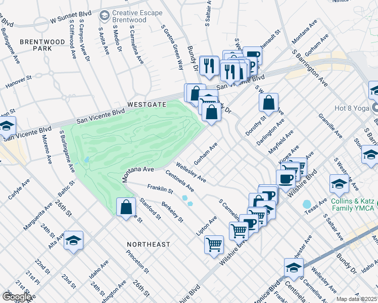 map of restaurants, bars, coffee shops, grocery stores, and more near 12320 Montana Avenue in Los Angeles
