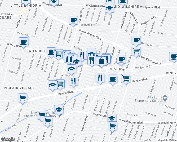 map of restaurants, bars, coffee shops, grocery stores, and more near 1420 South Cochran Avenue in Los Angeles