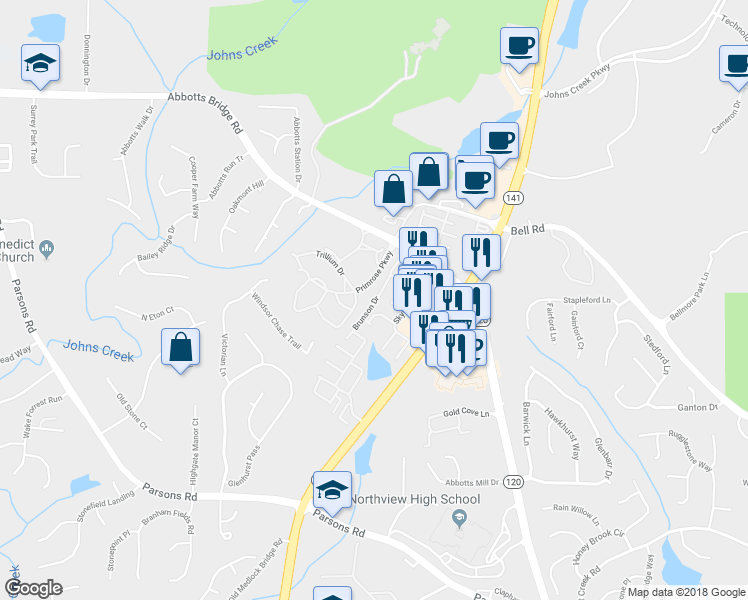 map of restaurants, bars, coffee shops, grocery stores, and more near 11045 Brunson Drive in Duluth