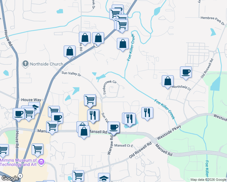map of restaurants, bars, coffee shops, grocery stores, and more near 5004 Falling Water Terrace in Roswell