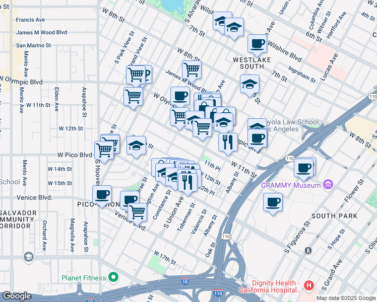 map of restaurants, bars, coffee shops, grocery stores, and more near 1622 West 11th Place in Los Angeles