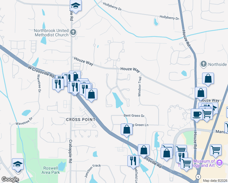 map of restaurants, bars, coffee shops, grocery stores, and more near 6010 Gaineswood Dr in Roswell
