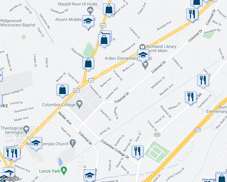 map of restaurants, bars, coffee shops, grocery stores, and more near 1440 Albemarle Street in Columbia