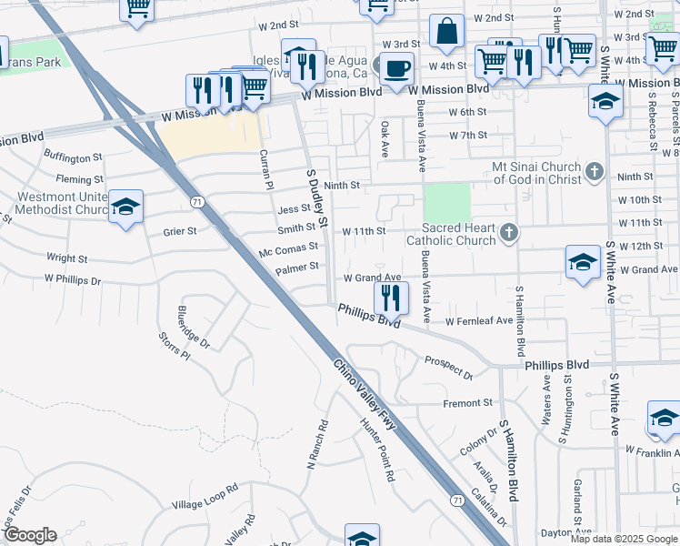 map of restaurants, bars, coffee shops, grocery stores, and more near 1493 West Grand Avenue in Pomona