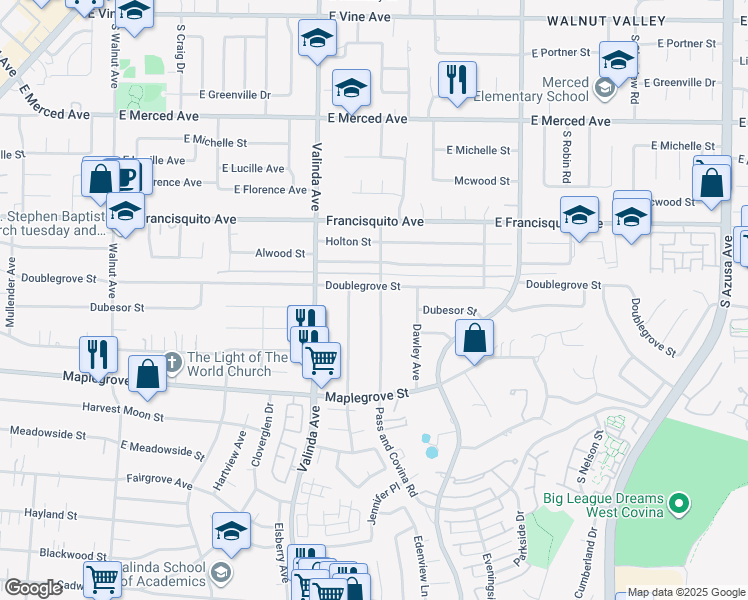 map of restaurants, bars, coffee shops, grocery stores, and more near 1623 Pass and Covina Road in La Puente