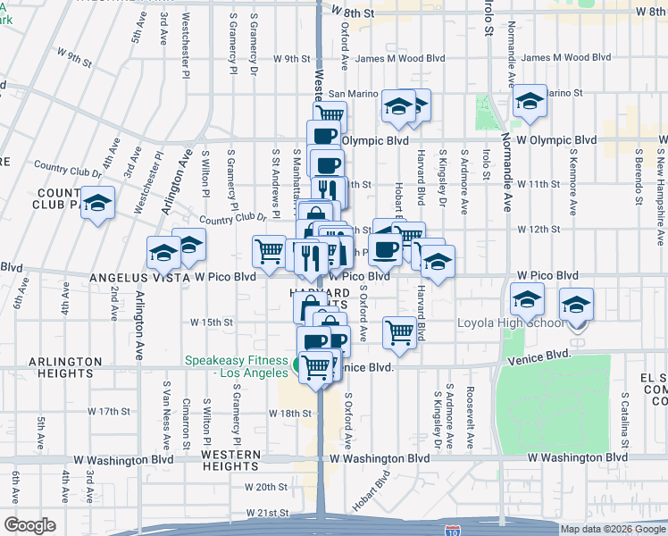 map of restaurants, bars, coffee shops, grocery stores, and more near 3060 West Pico Boulevard in Los Angeles