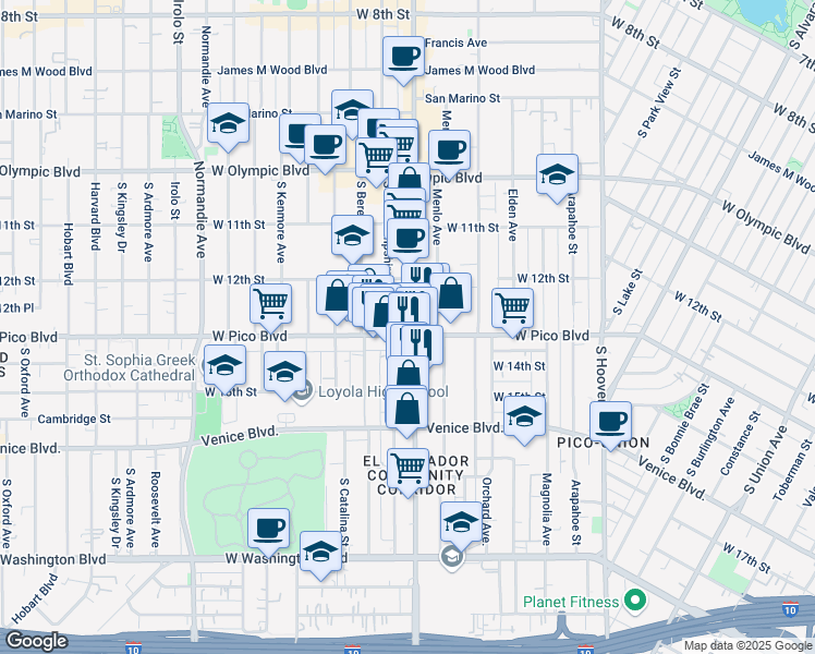 map of restaurants, bars, coffee shops, grocery stores, and more near in Los Angeles