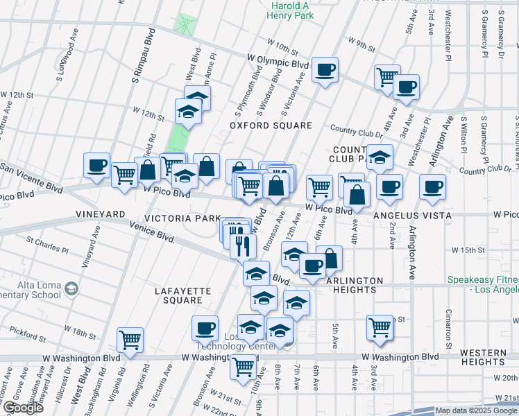 map of restaurants, bars, coffee shops, grocery stores, and more near 4200 West Pico Boulevard in Los Angeles