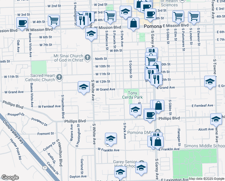 map of restaurants, bars, coffee shops, grocery stores, and more near 646 West Grand Avenue in Pomona