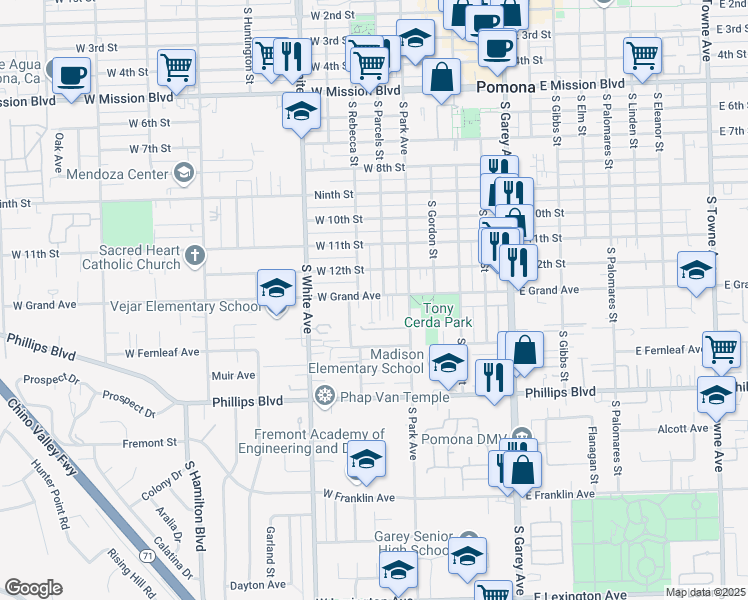 map of restaurants, bars, coffee shops, grocery stores, and more near 638 West Grand Avenue in Pomona