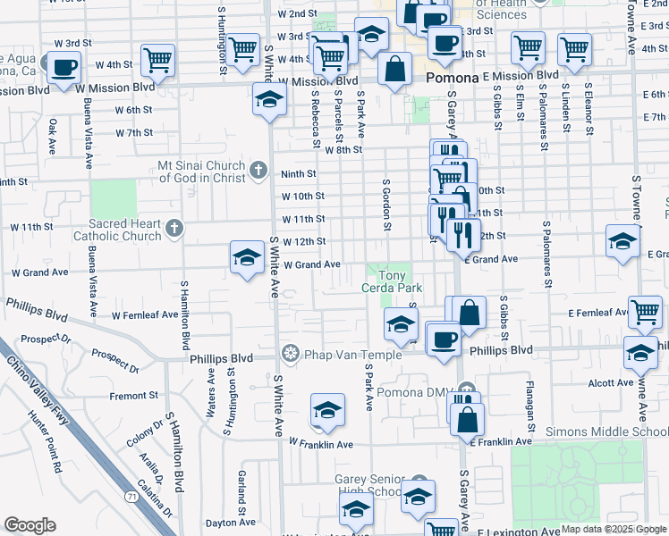 map of restaurants, bars, coffee shops, grocery stores, and more near 642 West Grand Avenue in Pomona