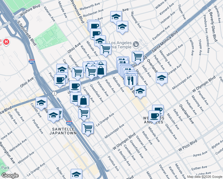 map of restaurants, bars, coffee shops, grocery stores, and more near 1870 Veteran Avenue in Los Angeles