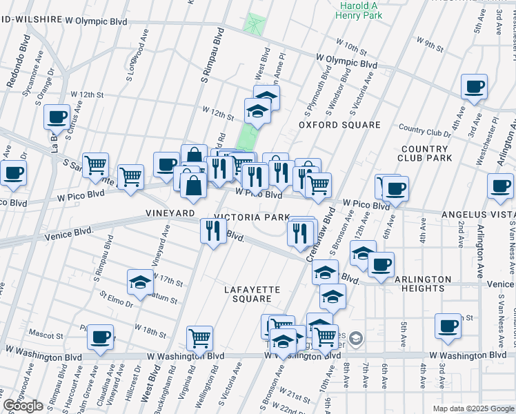 map of restaurants, bars, coffee shops, grocery stores, and more near 4429 Victoria Park Drive in Los Angeles