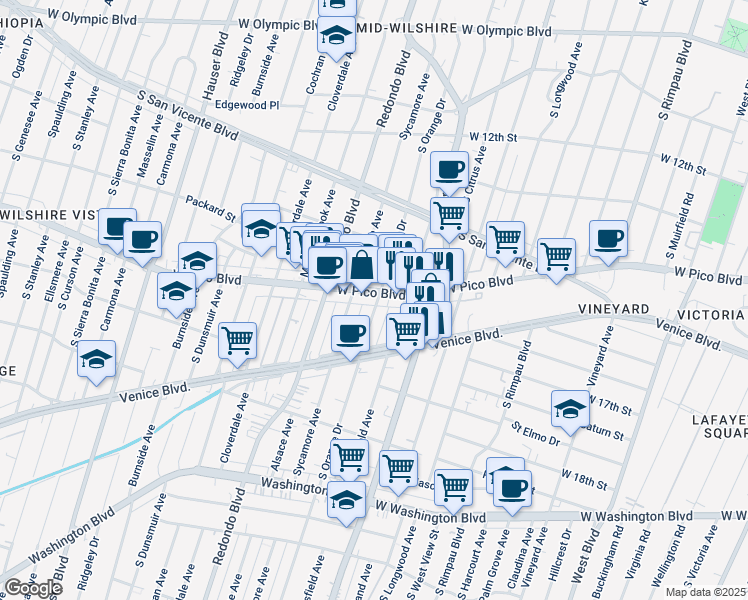 map of restaurants, bars, coffee shops, grocery stores, and more near 1426 South Orange Drive in Los Angeles