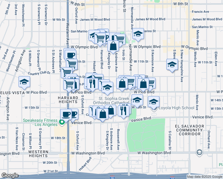 map of restaurants, bars, coffee shops, grocery stores, and more near 2920 West Pico Boulevard in Los Angeles