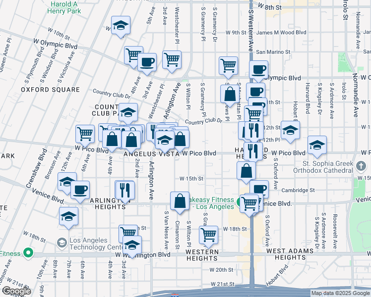 map of restaurants, bars, coffee shops, grocery stores, and more near 1304 South Van Ness Avenue in Los Angeles
